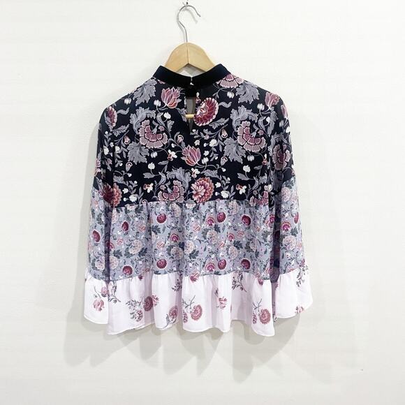 LOFT Velvet Collar Floral Mixed Print Tiered Ruffle Boho Blouse Top XXS - Picture 6 of 10